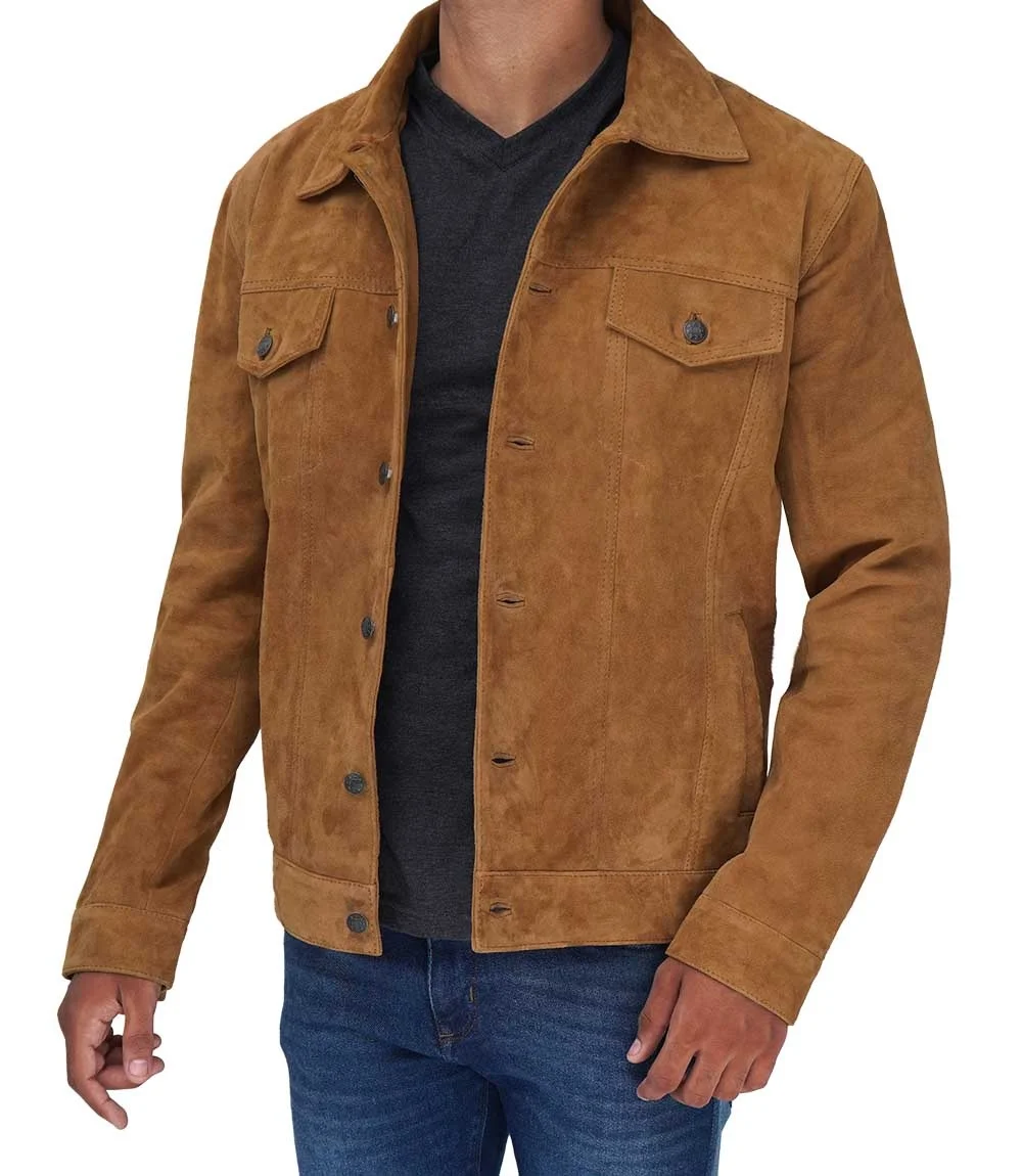 Super New Mens Suede Tan Leather Jacket  Windbreaker Leather Biker Jacket With Shirt collar with easy to fasten buttons Suede Ja