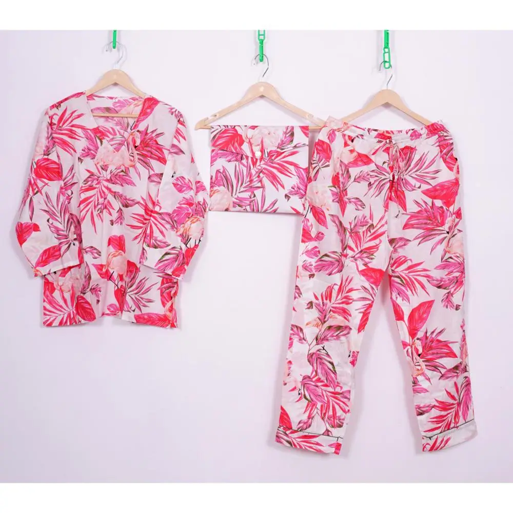 Indian Cotton Pyjama Set Hot Pink Floral Pj Set Night Suit for Womens Available at Affordable Price from India