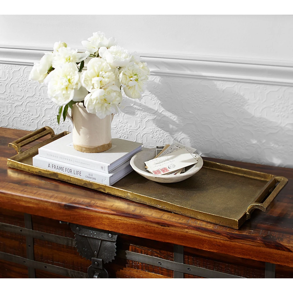 Aluminum Cast Metal Christmas Decorative Tray Rectangle Shape With Handle Golden Shiny Polished Kitchenware Supplies From India