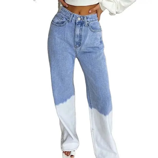 Two Color Plain Dyed Loose Woman Jeans Casual Pants Denim Fabric With Side Pockets 100% Cotton Straight Woman Jeans Pant 2023