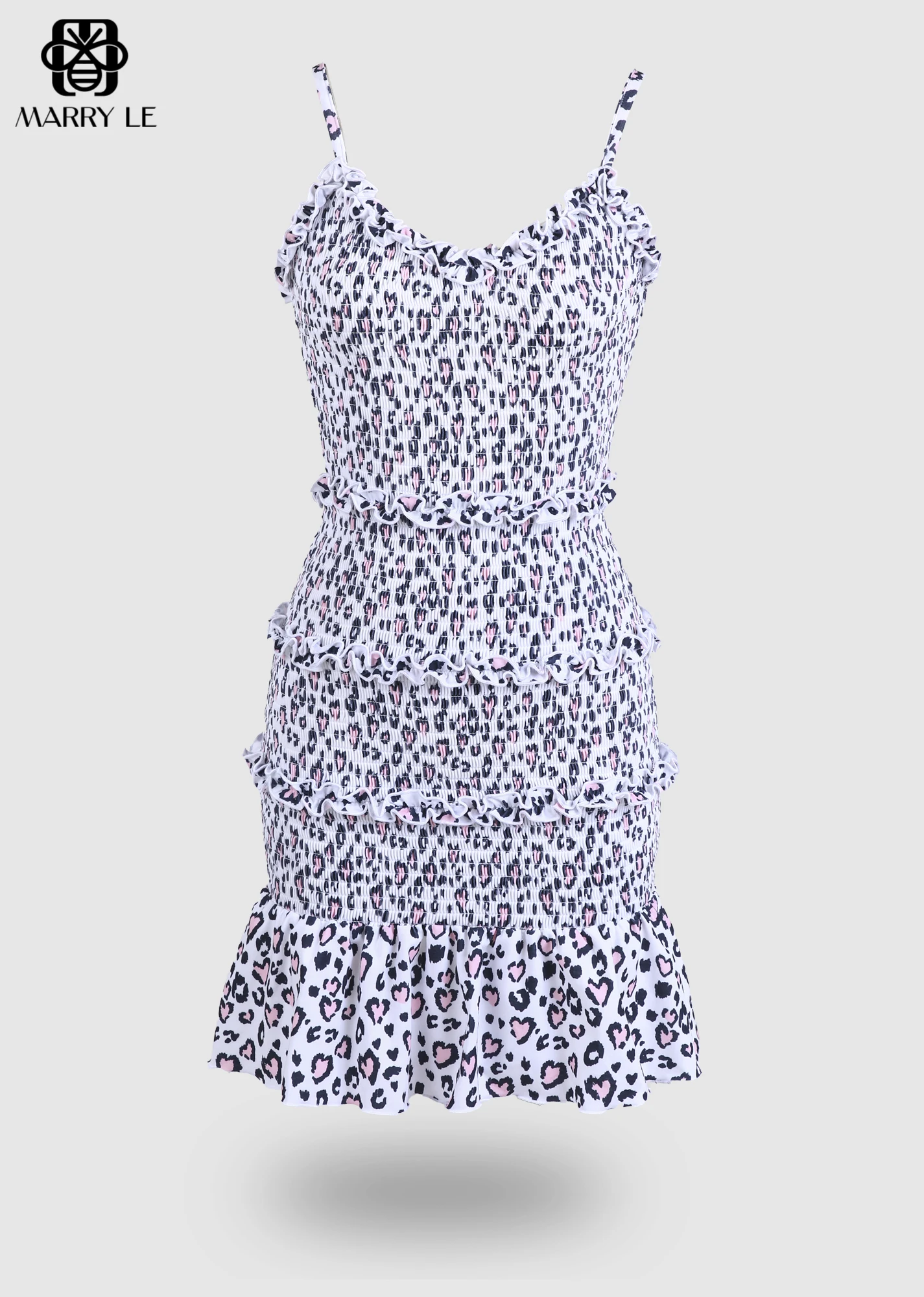 FUNKY LEOPARD ADJUSTABLE STRAP SHIRRED BODYCON DRESS WITH RUFFLE - MD03