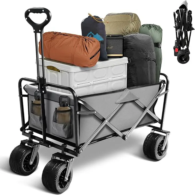 THCW10127 - Collapsible Folding Wagon, Heavy Duty Foldable Cart, Portable Utility Wagon for Camping Shopping Sports, Gray