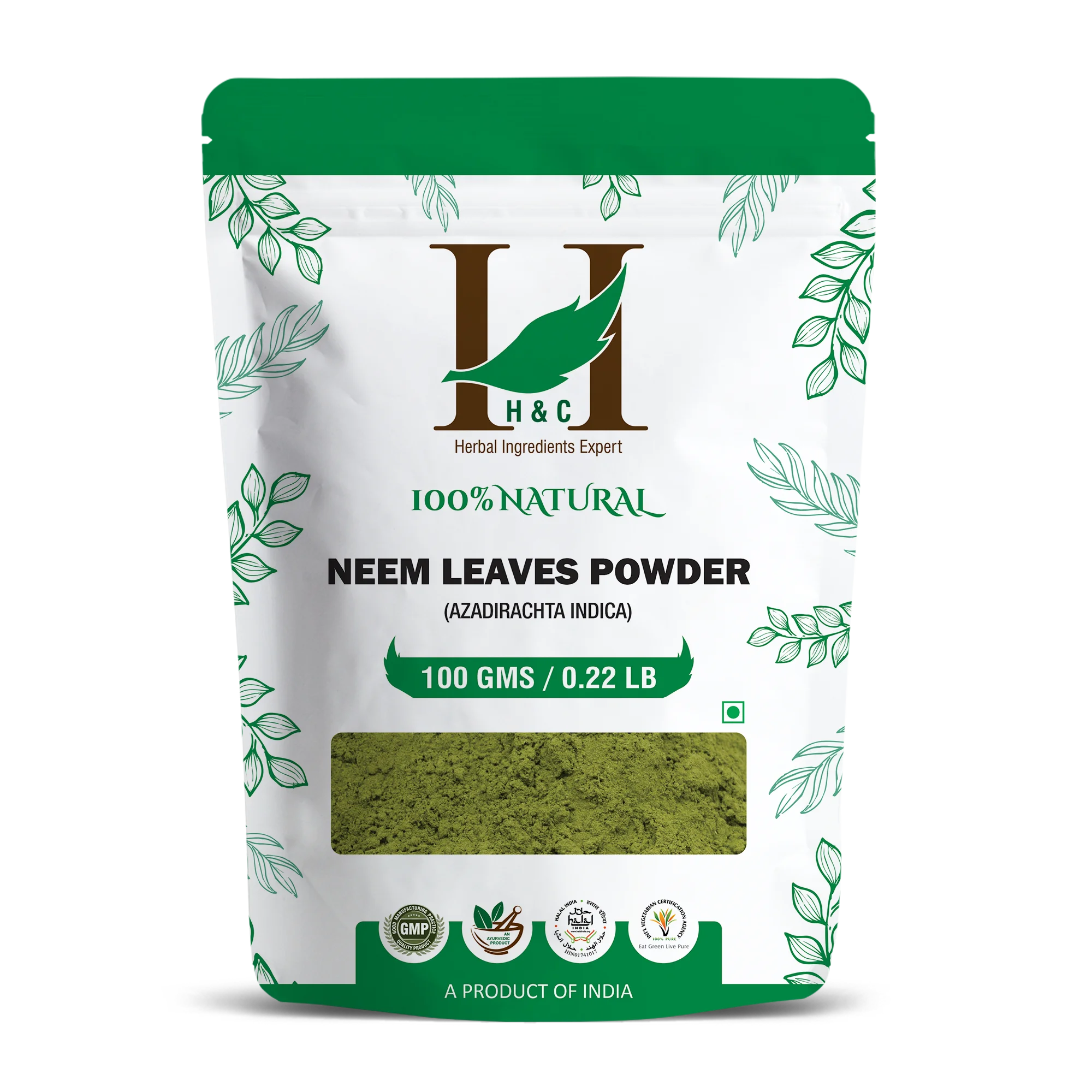 H&C Neem Leaves Powder - 100gm in resealable zipper pack | for hair, skin and detoxification