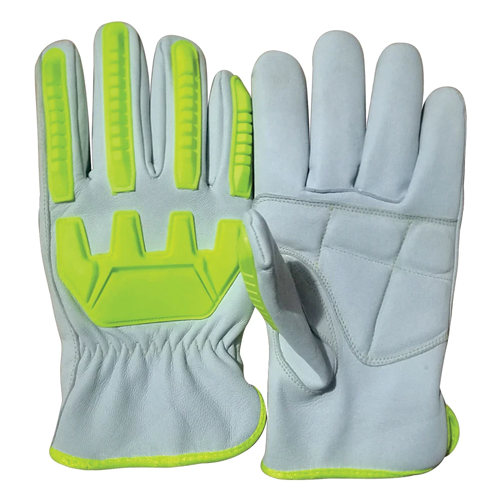 Heavy Duty Hi Vis Green Anti Impact Mechanics Leather Safety Gloves  High Dexterity Anti Cut Puncture Rescue Extraction Gloves