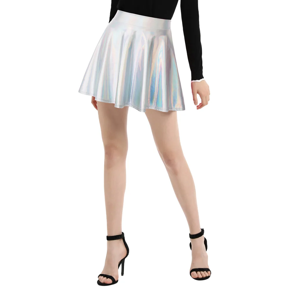 KK001128 Women Retro Style Imitated Leather Shiny Metallic Skater Skirt