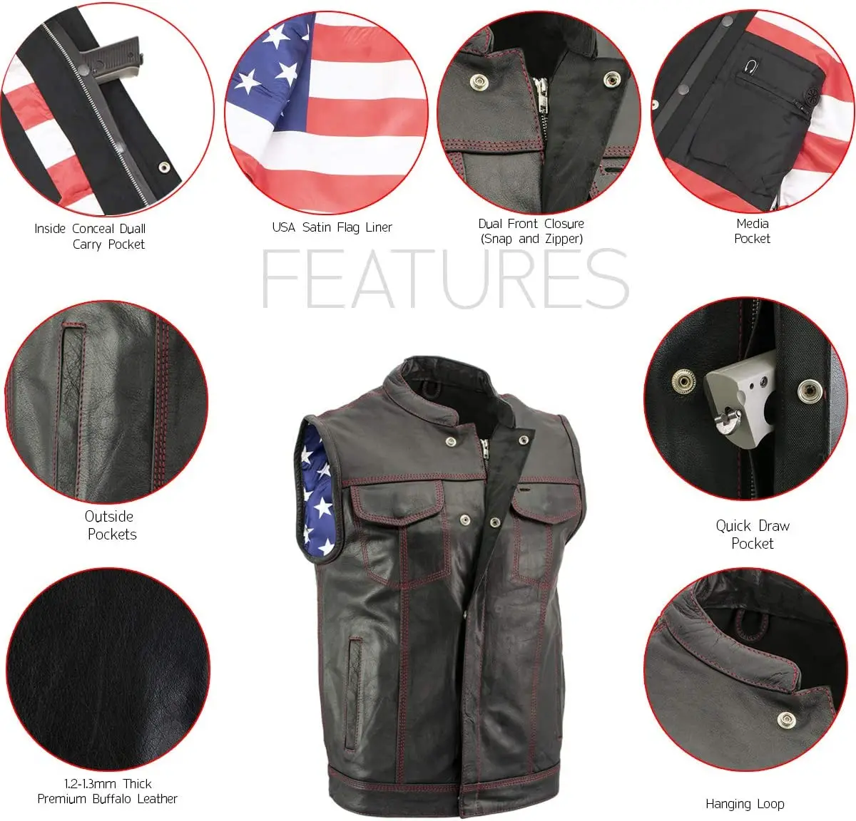 Mens Leather Vest with Red Stitching and USA Inside Flag Lining Jacket With Customize Labeling