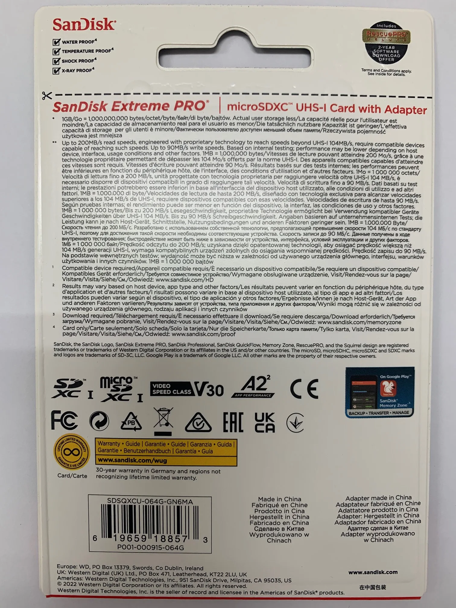 100% Original Sandisk SDSQXCU-064G Micro Secure Digital Card U3 A2 64GB R200W90