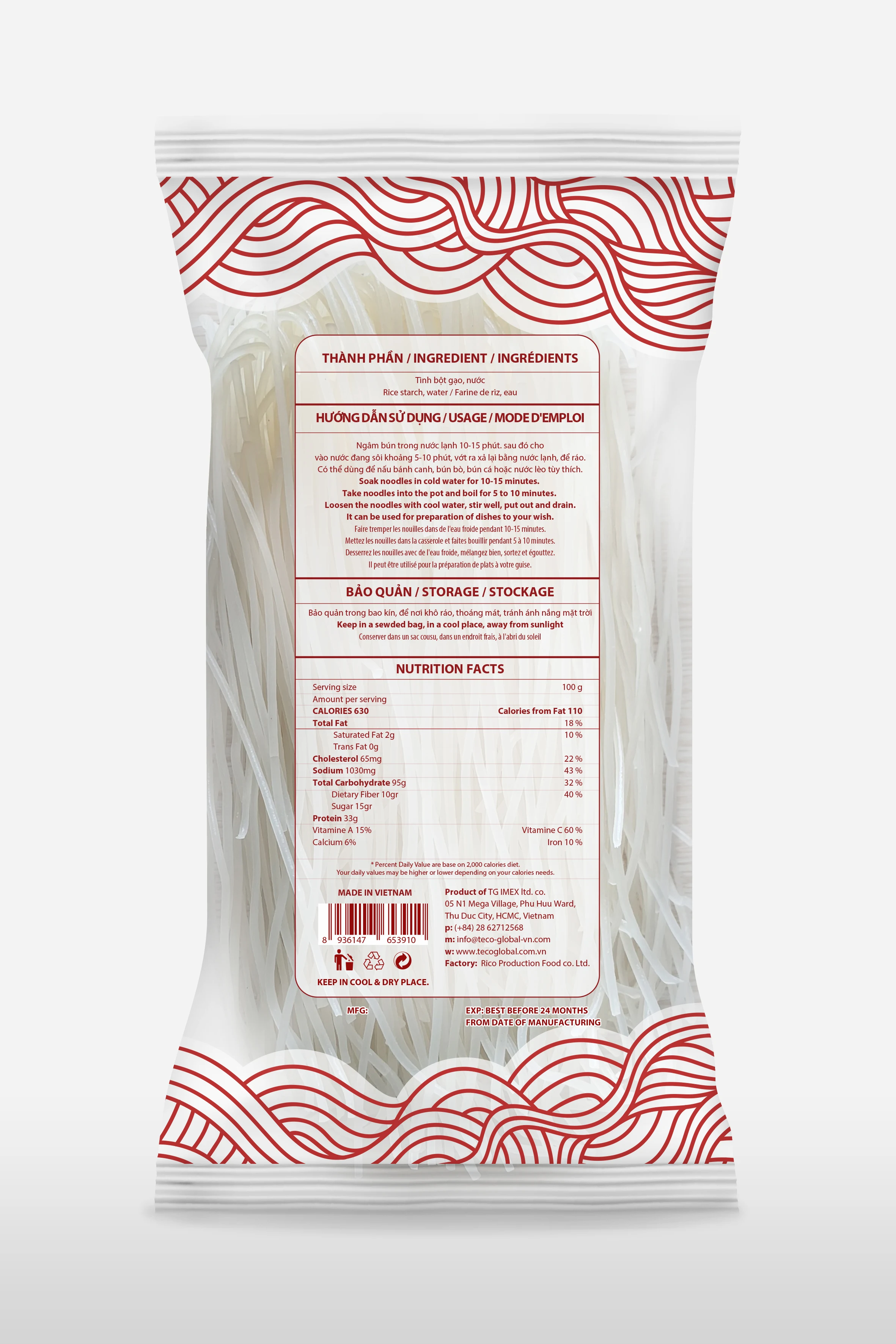 Rice Noodles - Fresh Rice Vermicelli 400gr x 30 - delicious and convenient - Good quality from Vietnam  - Model TG0310