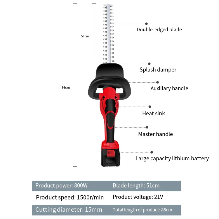 510mm Steel Blade Battery and Charger Electric Cordless Hedge Trimmer