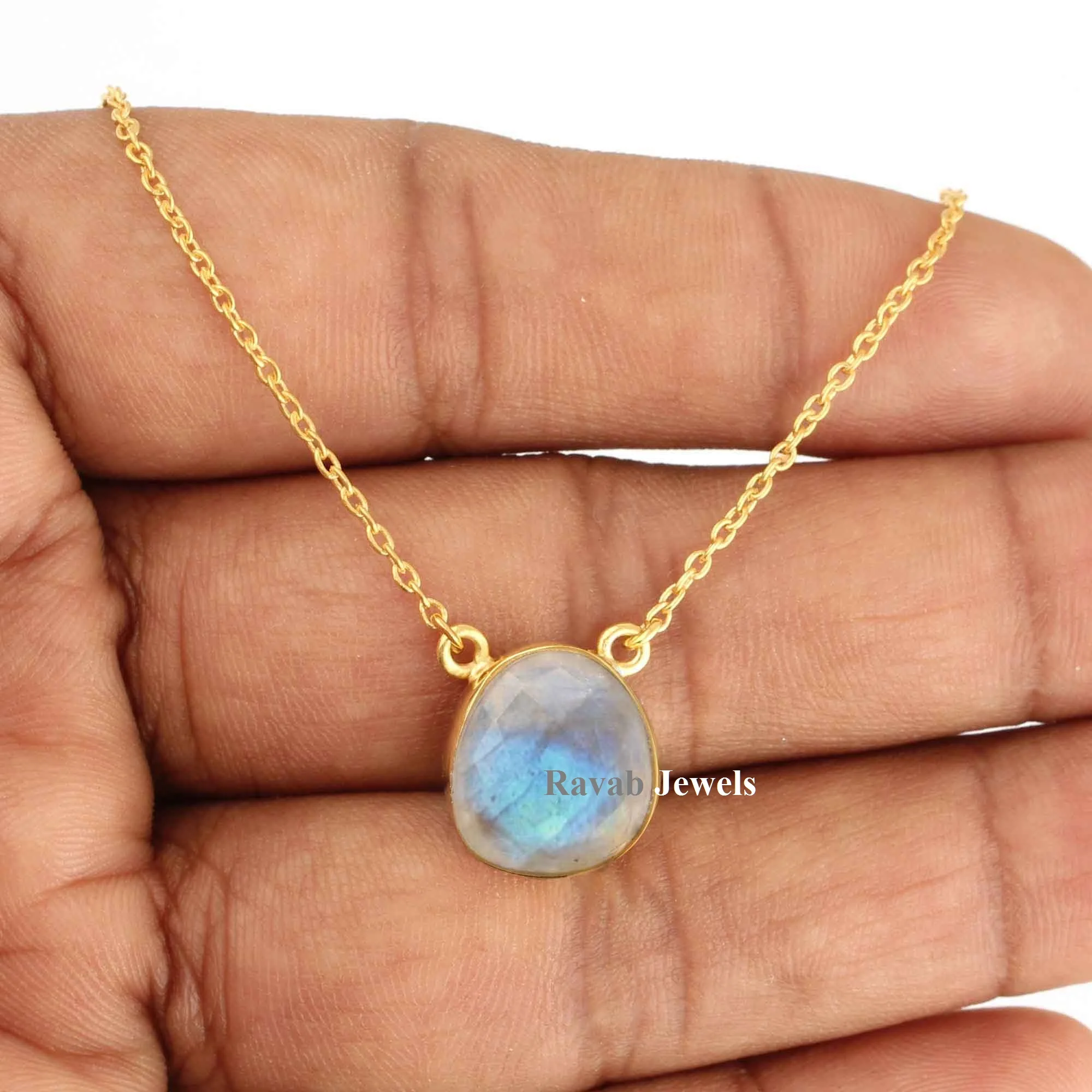 2023 Trendy Custom Manufacture Gemstone Women Necklace Natural Flashy Rainbow Moonstone Gold Plated 925 Sterling Silver Jewelry
