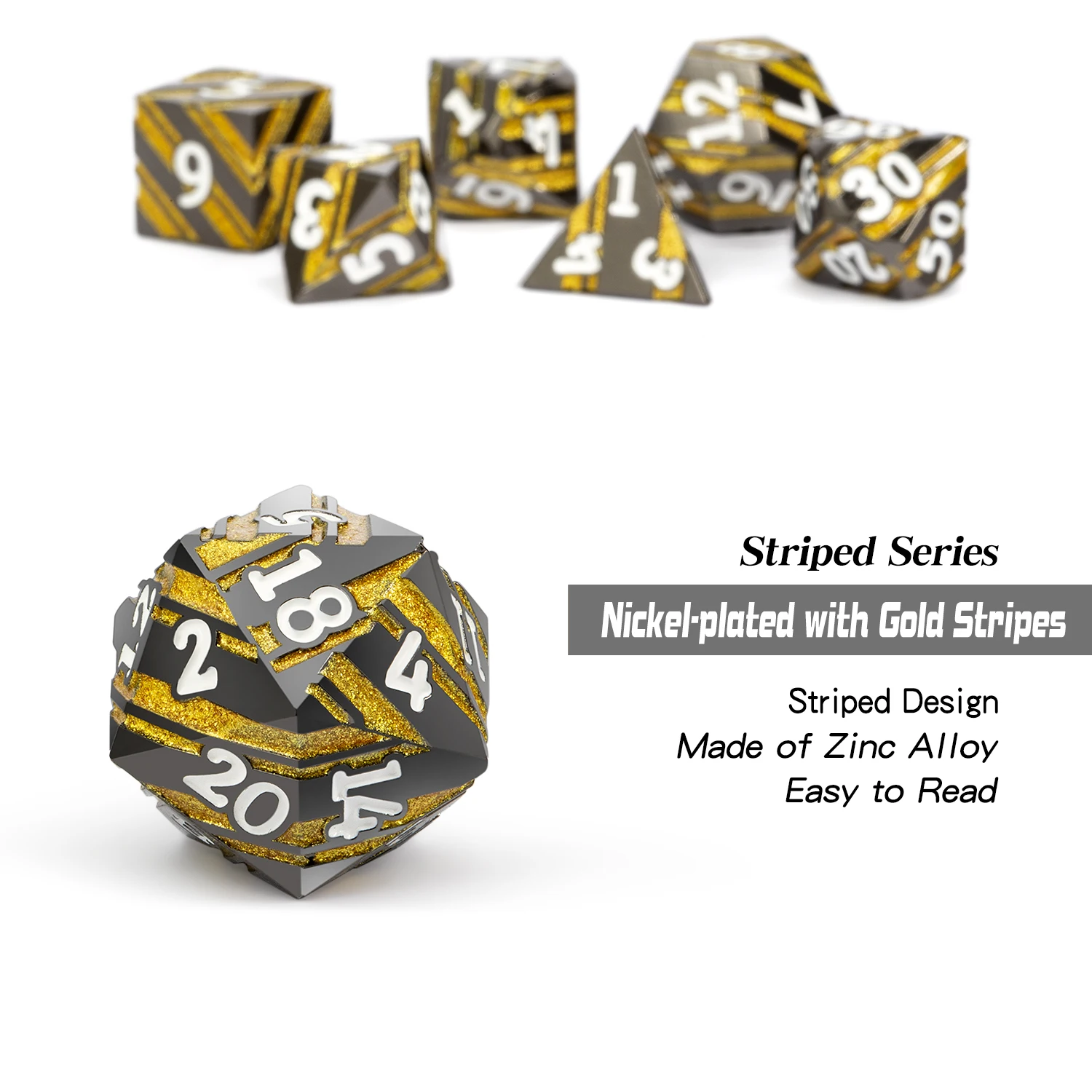 Wholesale Hot Sell DND Metal Dice Set Metallic Stripes Dice D4 D6 D8 D10 D12 D20 D% for D&D Tabletop Games