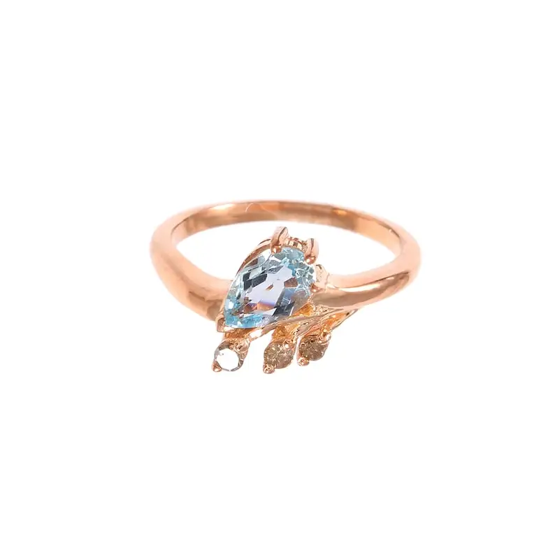 Handmade 925 Sterling Silver 14K Rose Gold Plated Ring Pave Diamond Natural Blue Topaz Gemstone Wedding Pearl Main Stone Jewelry