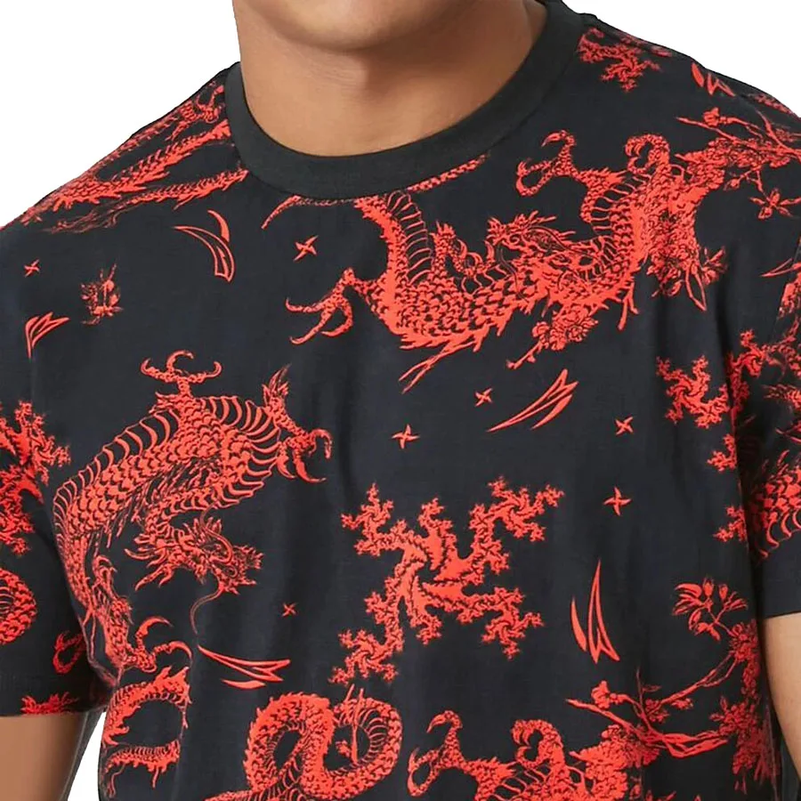 Most Demanding Men Fitted Black Casual T Shirt With Red Dragon Prints All Over And O Neck For Sale In Cheap Rates