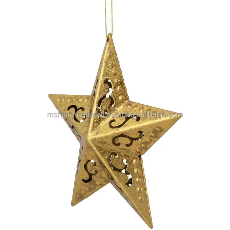 Customized Metal Gift Round Matte Gold Brass Metal Christmas star Ornaments Flat Ornament For Hanging