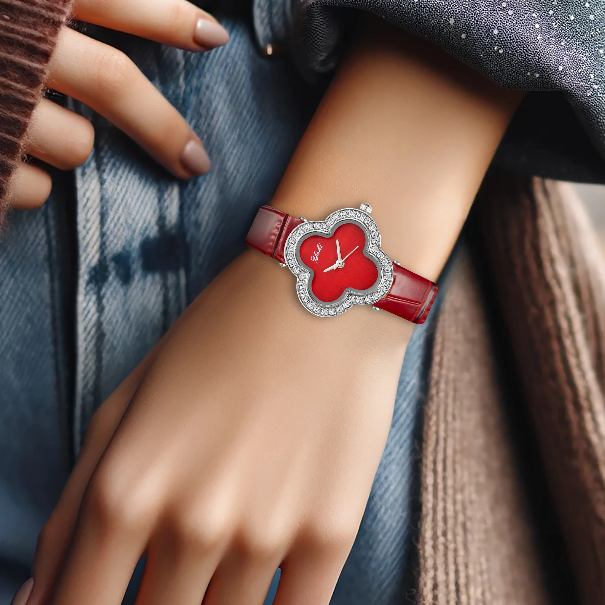 YSHI New Style Flower Shape Quartz Watches Leather Strap Elegant Women Wristwatch Ladies Watch