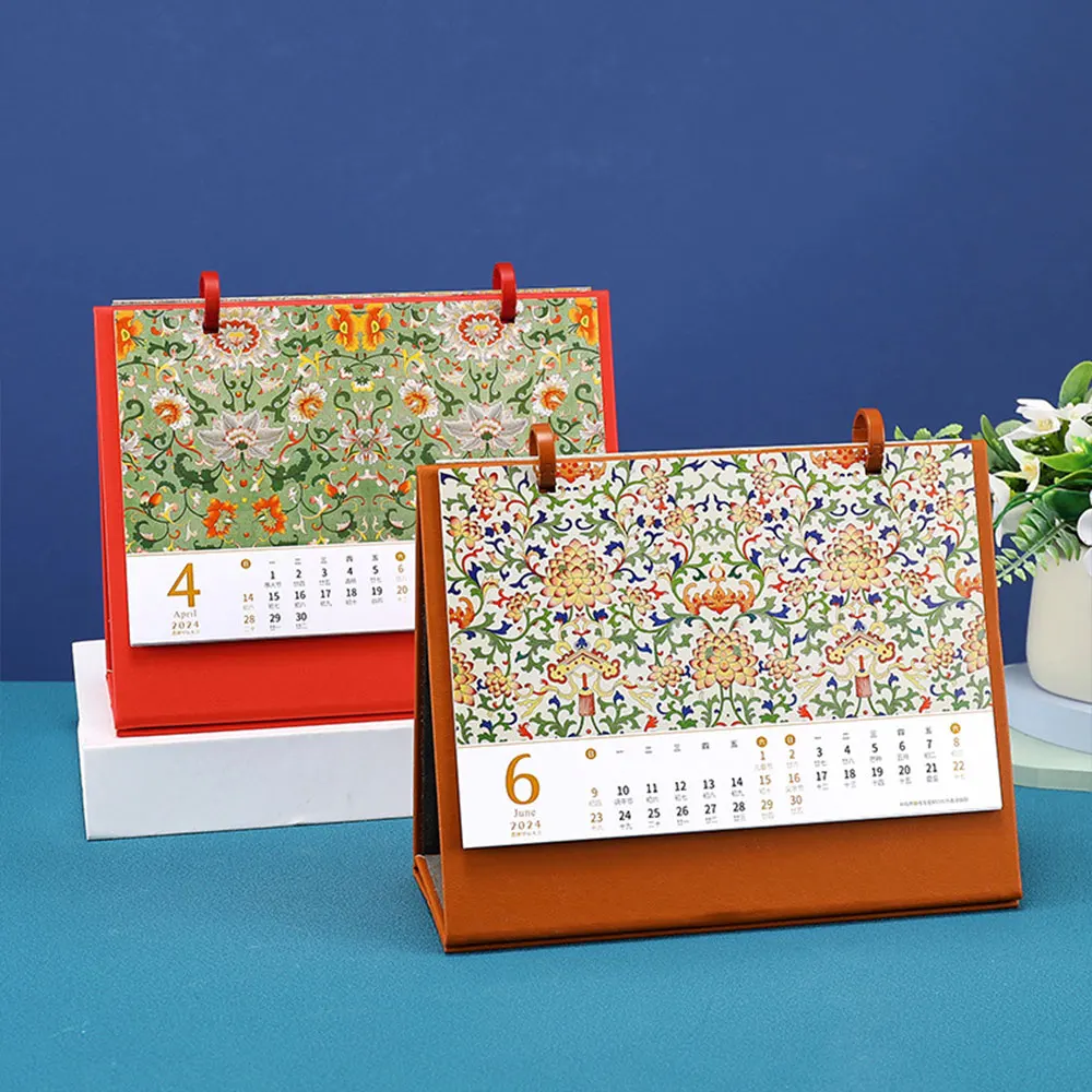 Small Leather Desk Calendar 2024-2025 Standing Flip Desktop Calendar Metal Ring Monthly Desktop Calendar for Home Office