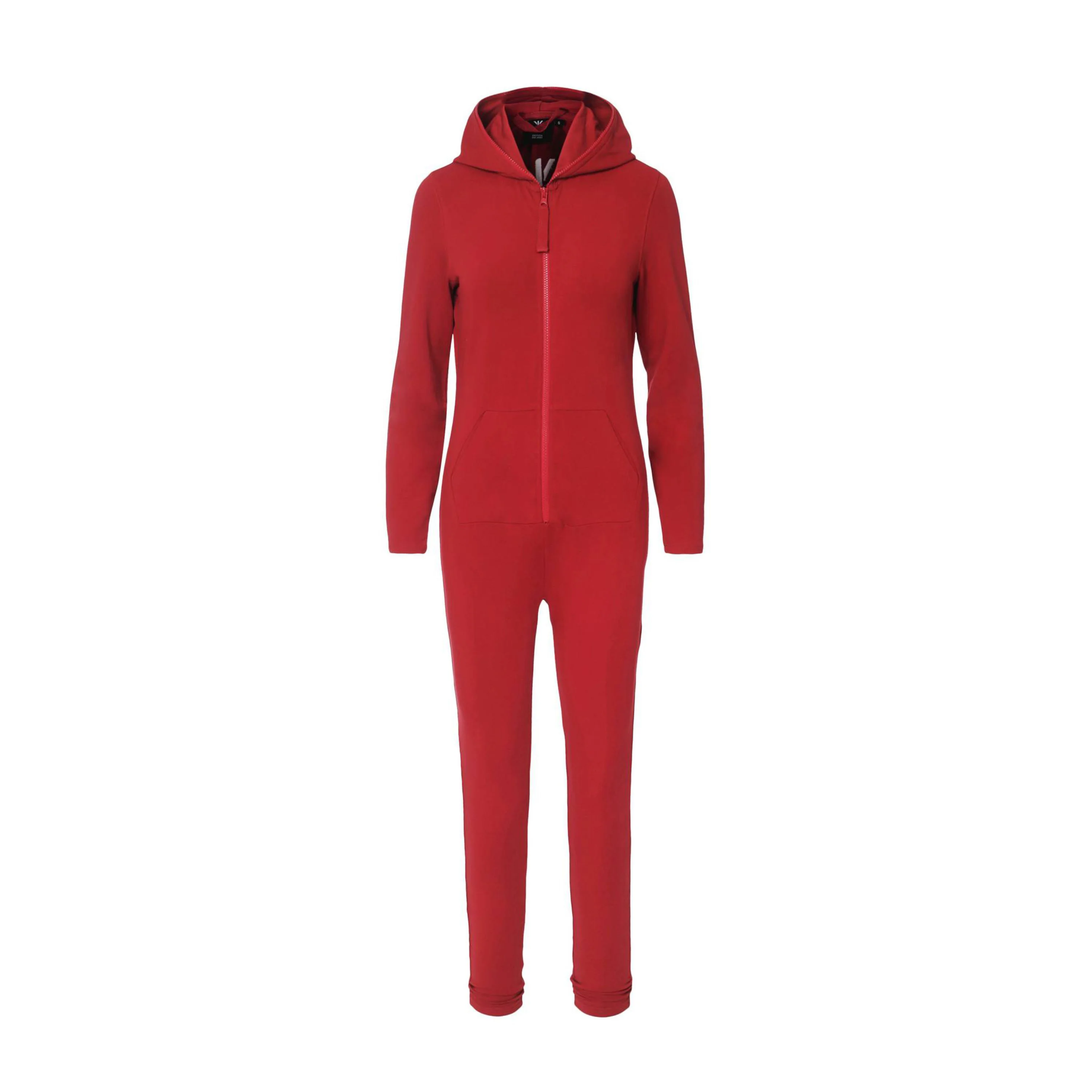 93% Cotton 7% Elastane One Way Zipper Opening Front Kangaroo Pocket Red Women Original Fitted Onesie Slim Jumpsuit