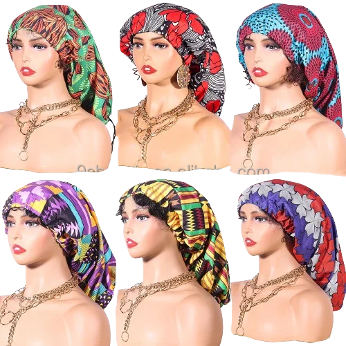Latest African batik printing adjustable draw string satin long bonnets for braids