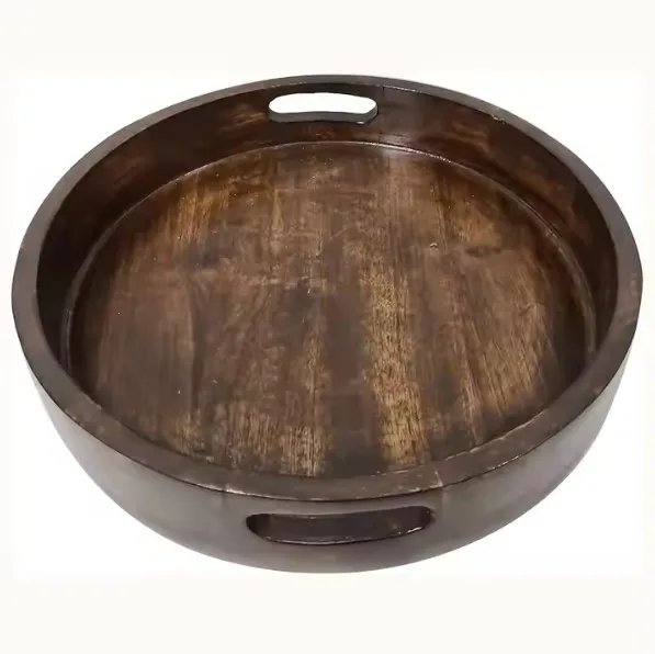 Indian Artisan Crafted Large Mango Wood Serving Tray with Modern Metallic Chrome Handle For Serving and Organizing Households