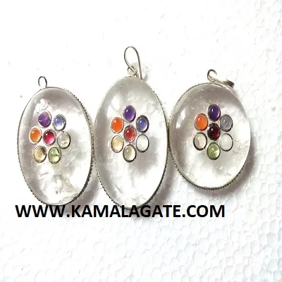 Natural Crystal Quartz Seven Chakra Pendant Sale Embedded Cab Crystal Healing Stainless Steel Chakra Agate Pendant