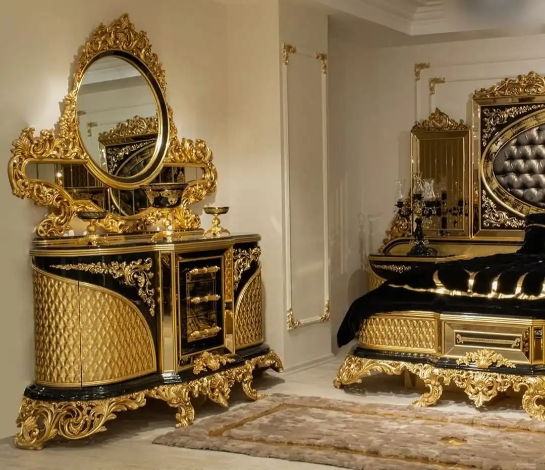 Turkish Middle East Eastern Luxury Antique Royal Hand Carved Bed Room Furniture Set Five Pieces Black Gold African American