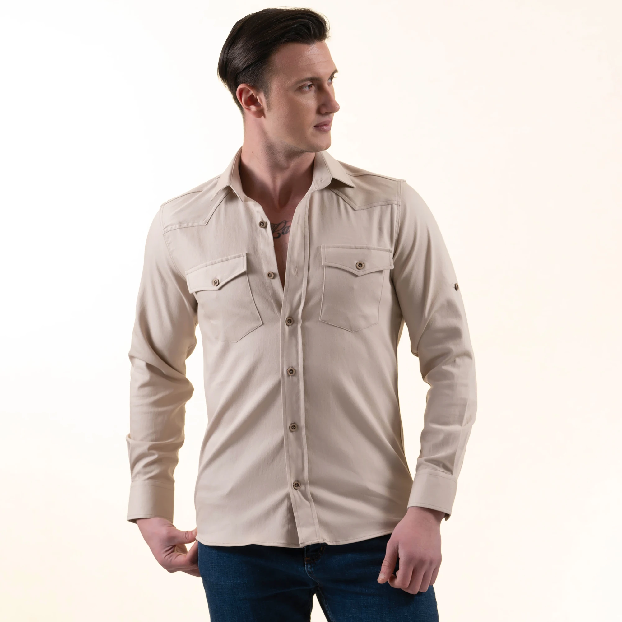 Men Casual Long Sleeve Camouflage Shirts Outdoor Lapel Button Khaki Green Cotton Male Shirt with Pocket made in istanbul