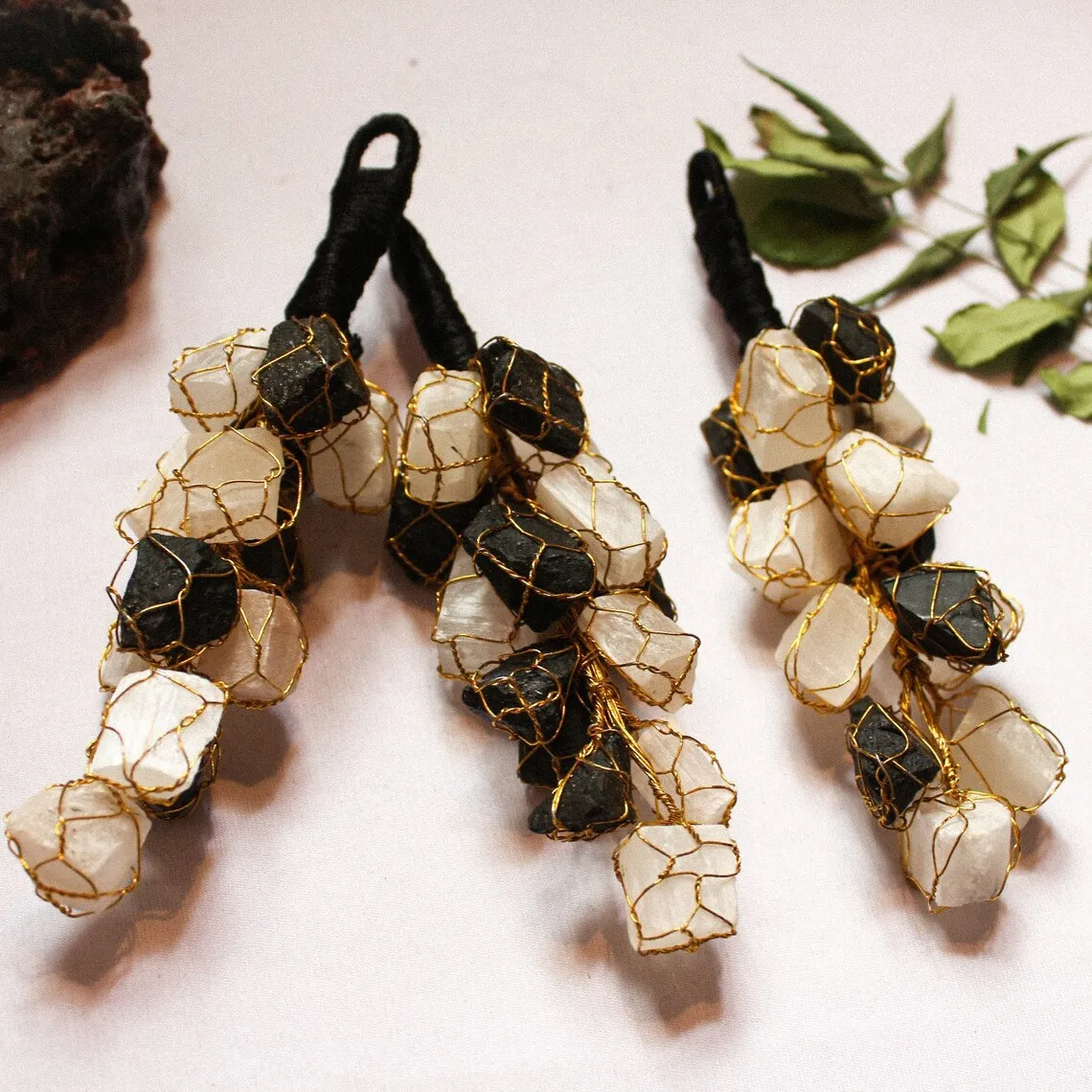 Natural Genuine Black Tourmaline and Selenite Vaastu Door Hanging for Reiki healing or Vaastu or Money attraction