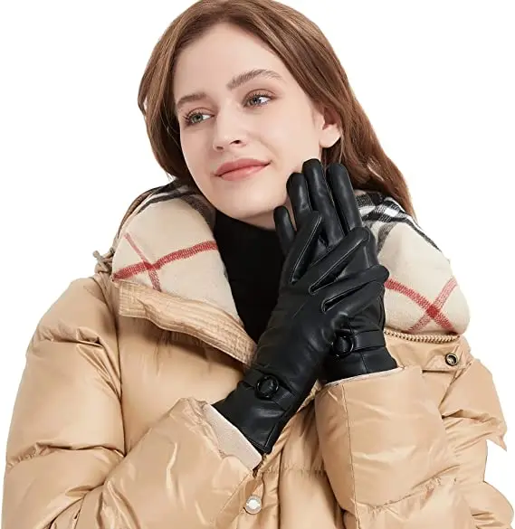 Soft Leather Gloves for Women Genuine Sheep Skin Leather Cold Weather Gloves Cashmere Lined Lambskin Touchscreen Driving Gloves