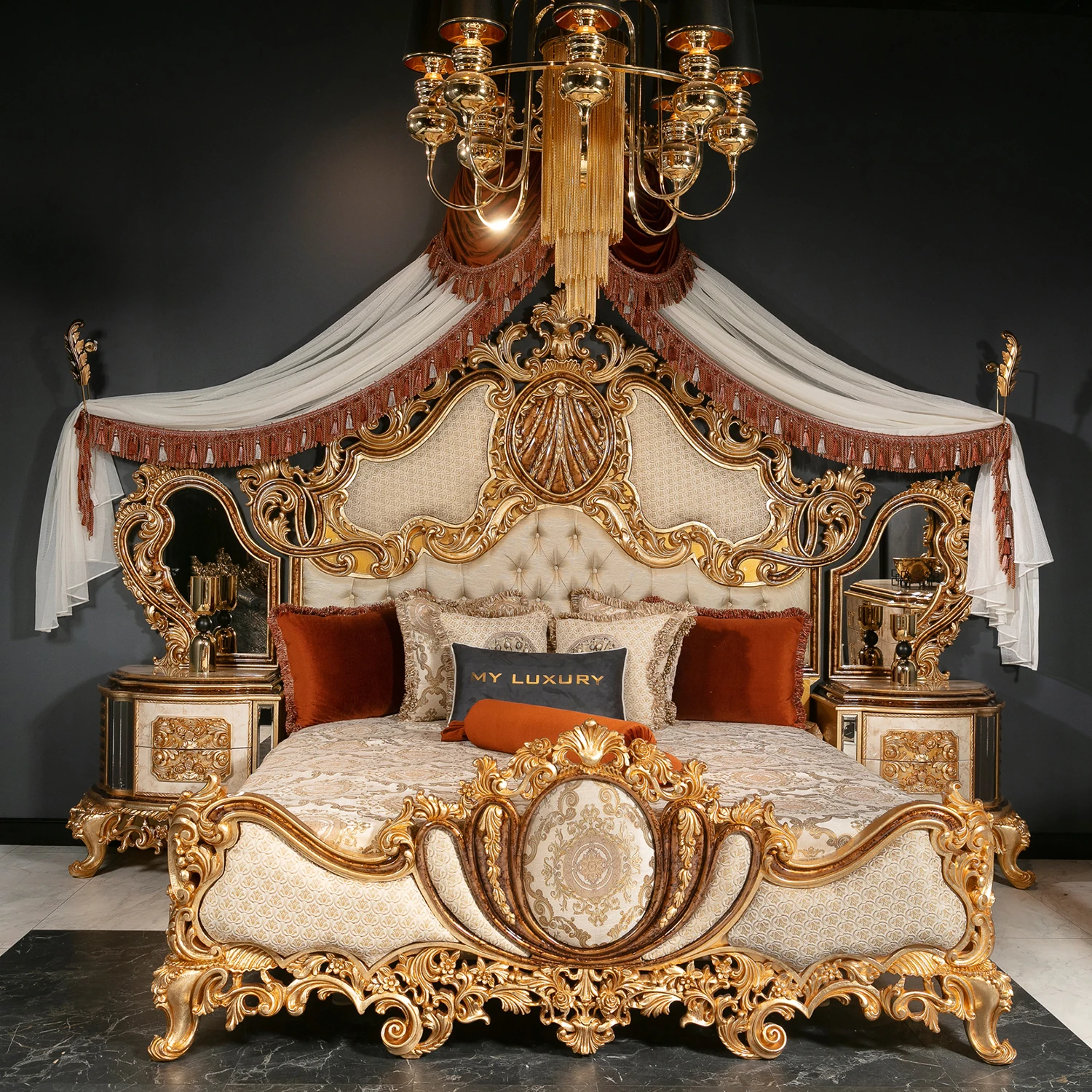 Turkish Middle East Eastern Luxury Antique Royal Hand Carved Bedroom Furniture Classical Meuble White Gold Most Popular Bed Set