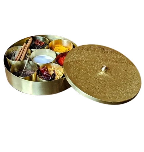 Masala Dabba Kitchen Cabinet Brass Spice Box Spice Container Rounded Lid Pure Brass Masala Box Set With Brass Spoon