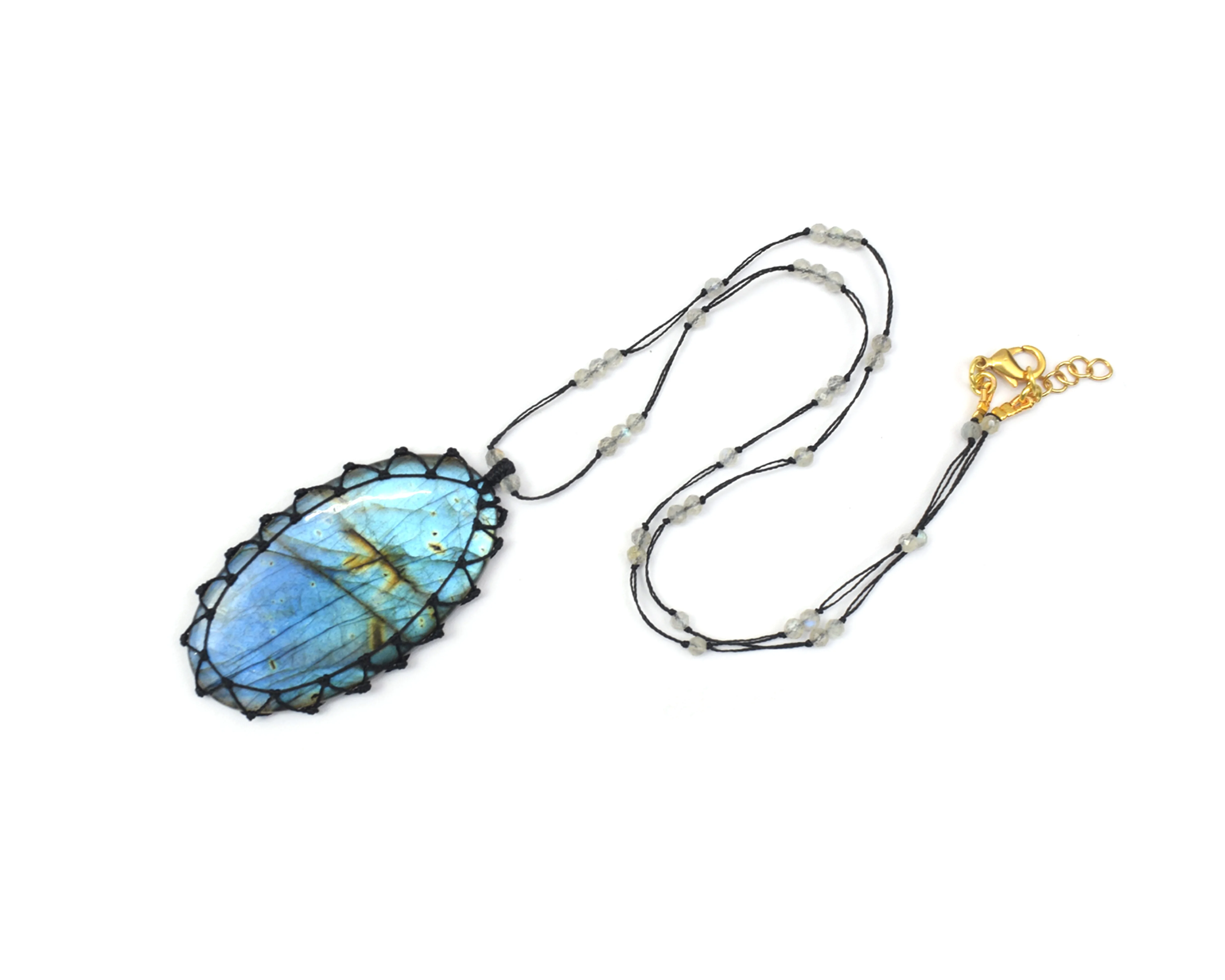 Natural Labradorite Gemstone With Beads Handmade Oval Shape Fashionable Carving Stone Thread Necklace Pendant