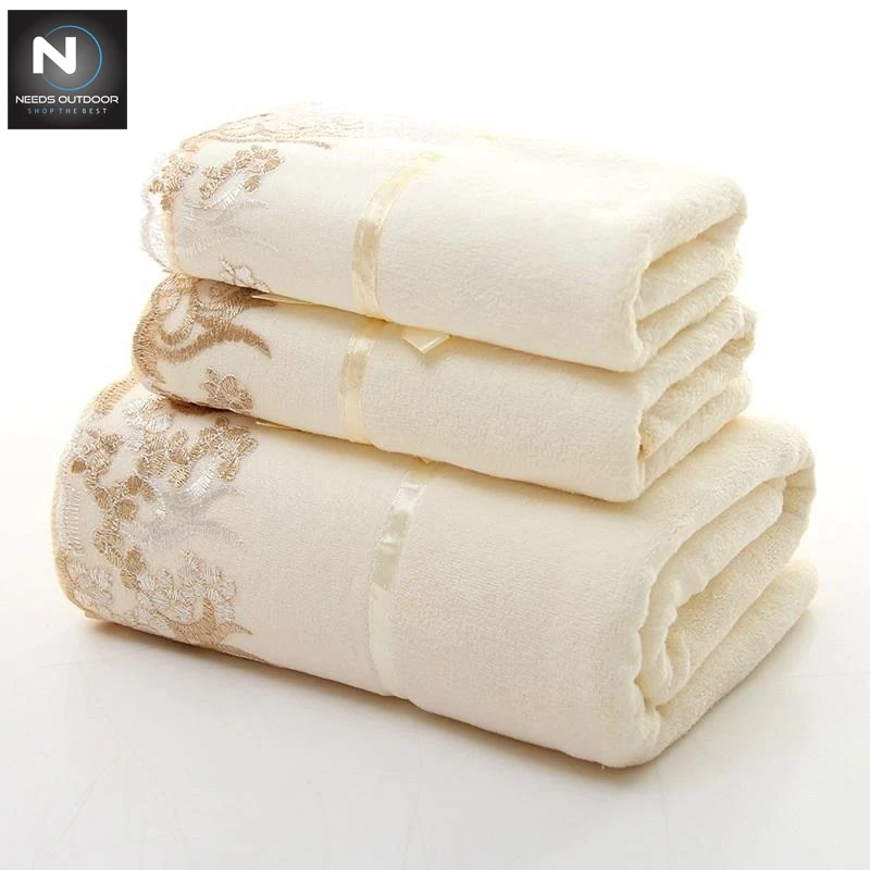 3 Pcs Set Lace Border Embroidery Face Bath Towel Set,Superb Quality Breathable House Hold Towels By NEEDS OUTDOOR