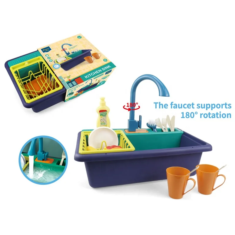 2024 New Hot Selling Children Toys 20Pcs Washing Kitchen Sink with Automatic Water Cycle System Not Included 2*1.5V AA Batteries