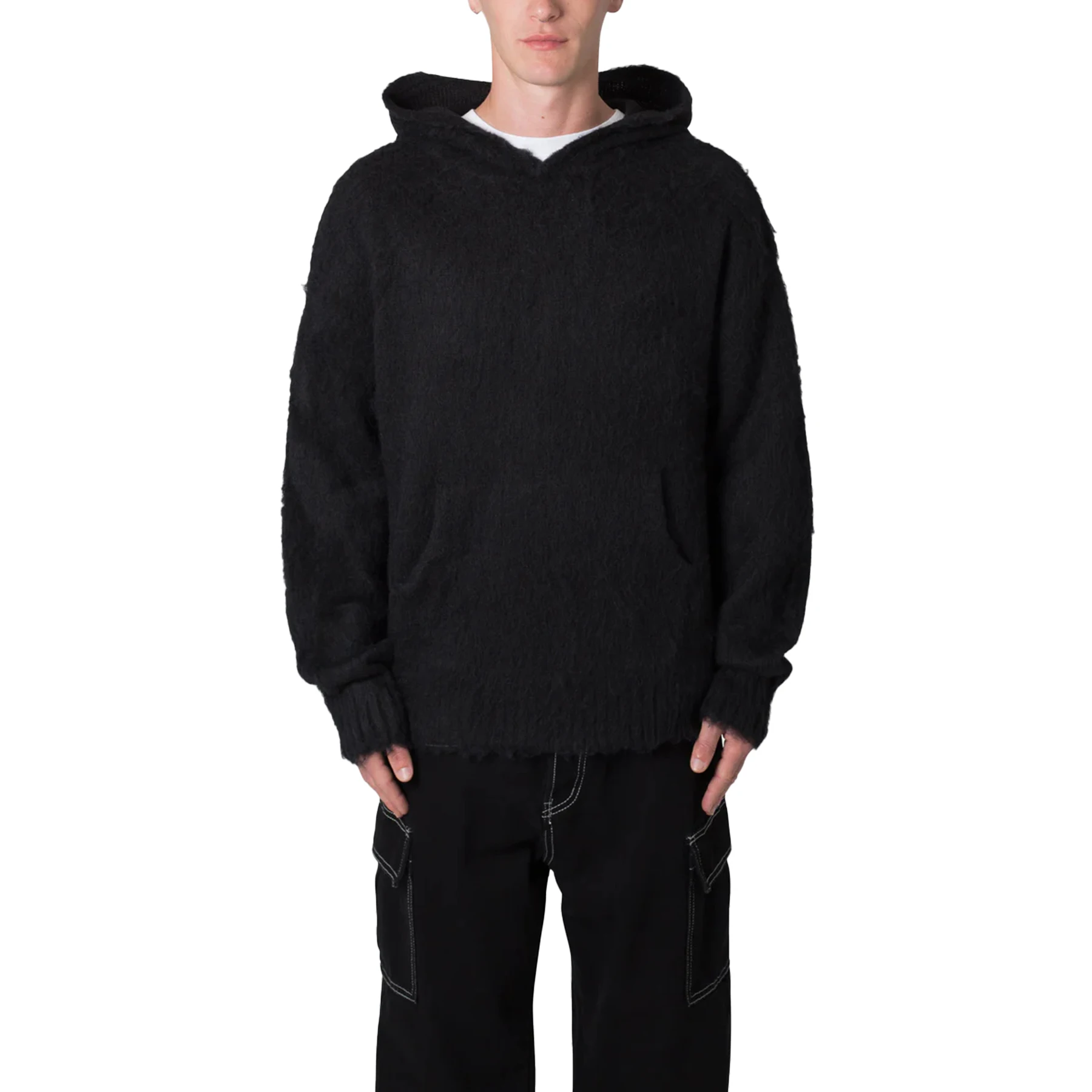 2024 Wholesale Customized Mohair Black Hoodie Unisex Custom Knitwear Winter Knit Hoodie Women Men Mohair