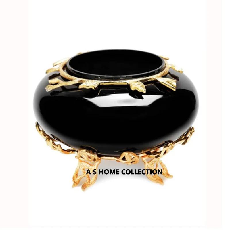 luxury black glossy color golden leaf stand decorative metal fruit serving bowl