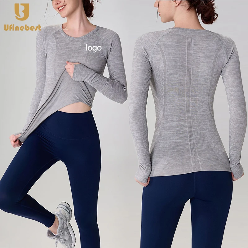 female Seamless waist-slimming thumb hole Long Sleeve Four-way Stretch T-shirts For Woman Sports Yoga Tops