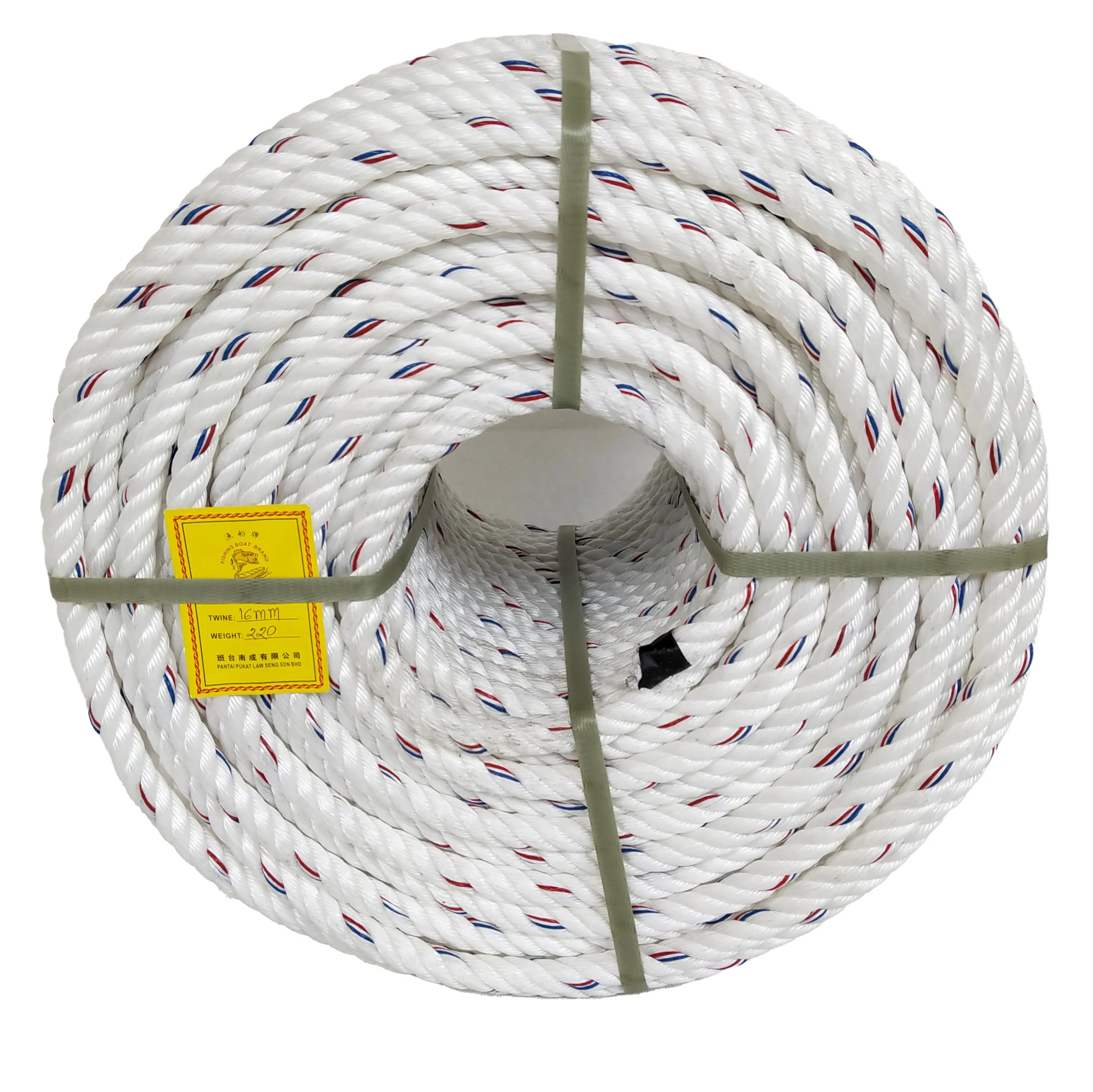 Best Selling Good Quality of 16MM*4S*220M White + Red + Blue PP Rope, Fishing Rope Agriculture, Packaging Rope