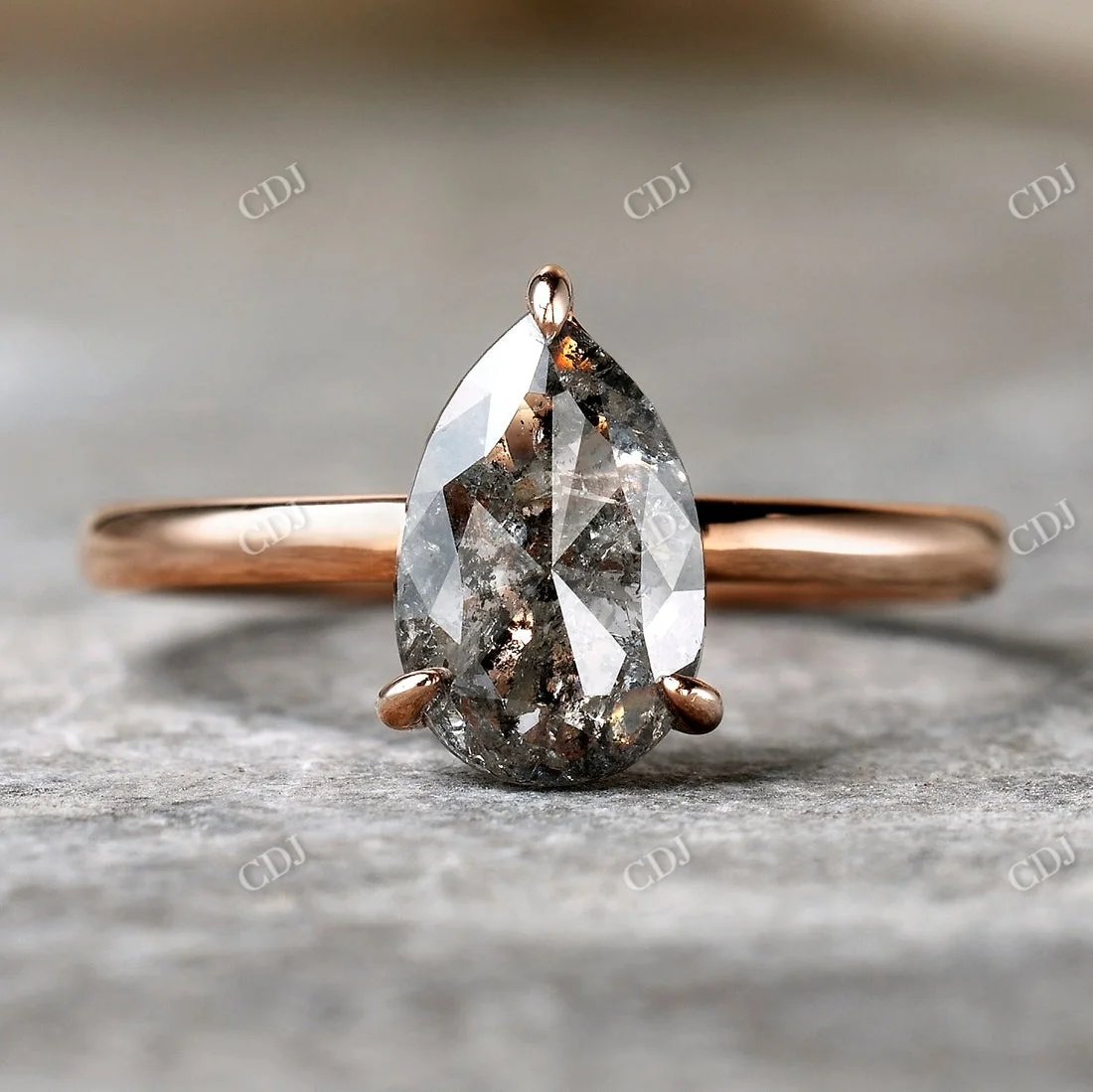 Natural Salt And Pepper Diamond Ring Teardrop Grey Diamond Solitaire Engagement Ring 14K Real Gold Jewelry Available In Stock