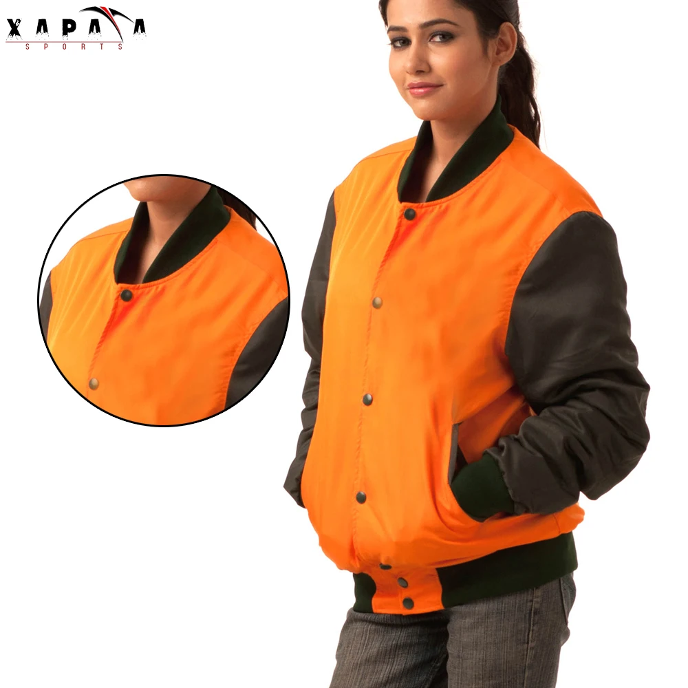 Custom Women Varsity Jackets Black Sleeve Orange Body Wool Women Outer Wear Light Weight Varsity Jackets By XAPATA SPORTS
