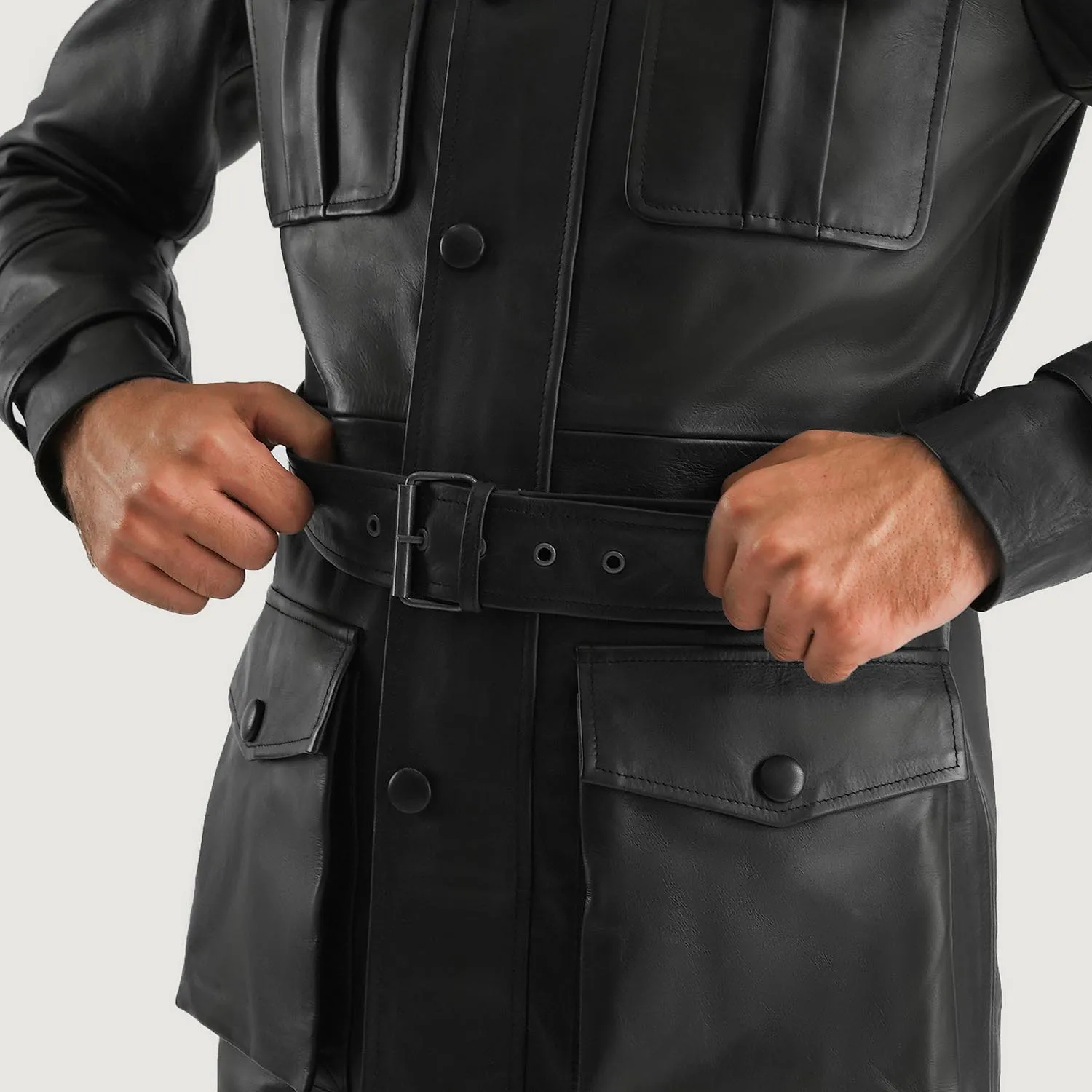 Custom Premium Button Up Round Neck Snap Button Waist Belt Front Pockets Leather Jacket Manufactured by Huzaifa Products