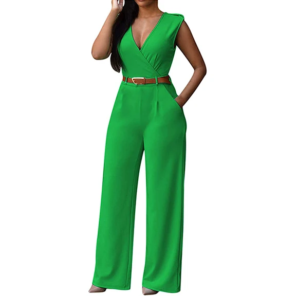 High Waist V-neck Fall Ladies breathable with Belt short Sleeve Jump Suit Plain Green Color Sport Women One Piece Jumpsuits