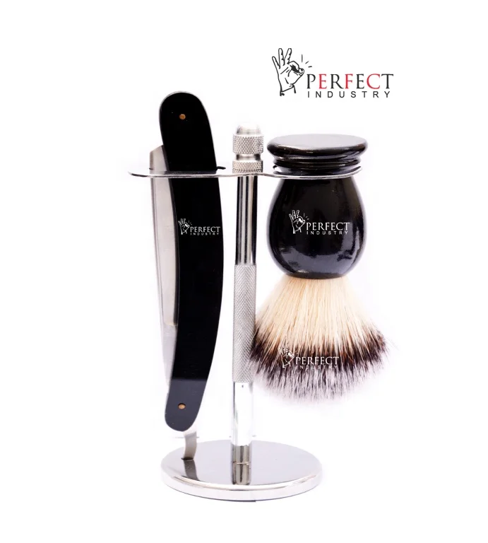 Hot selling finest Black & Chrome groomsmen set Black Fixed Blade Razor Black Shaving Brush & Shaving Stand Set