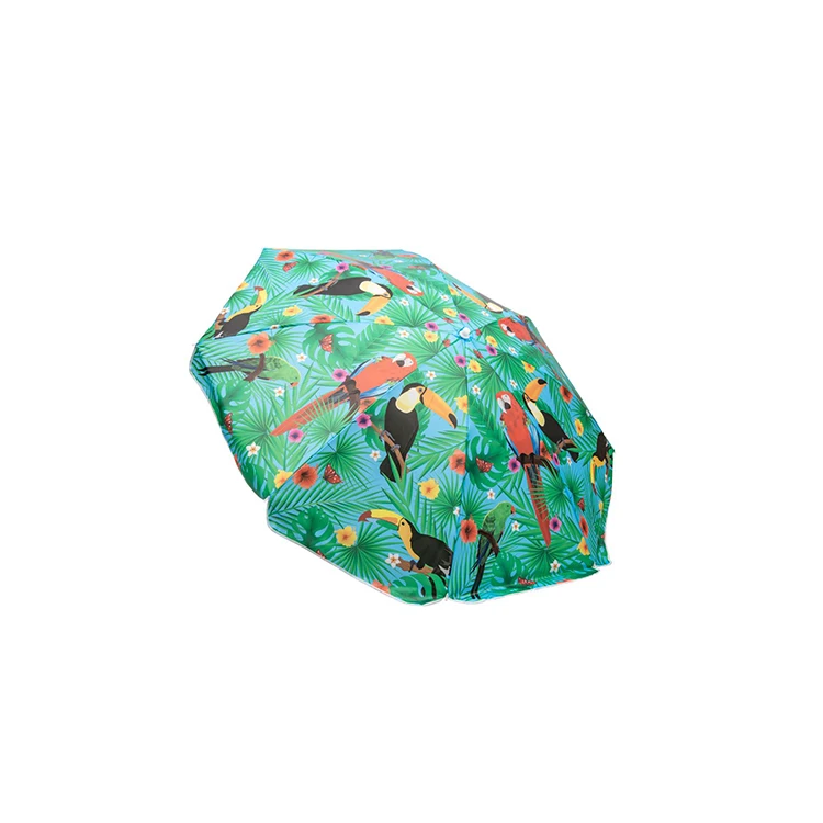 Portable 2.0m Beach Umbrella with Tropical Parrots Pattern 140gm Digital Poly Canvas Wind Resistant and Economical