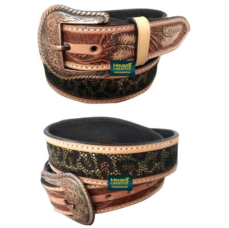 Top Quality OEM Western Tooled Leather Belt Cowboy Fashion Holographic Snake Skin Textured Inlay Decor Manufacturer Exporter