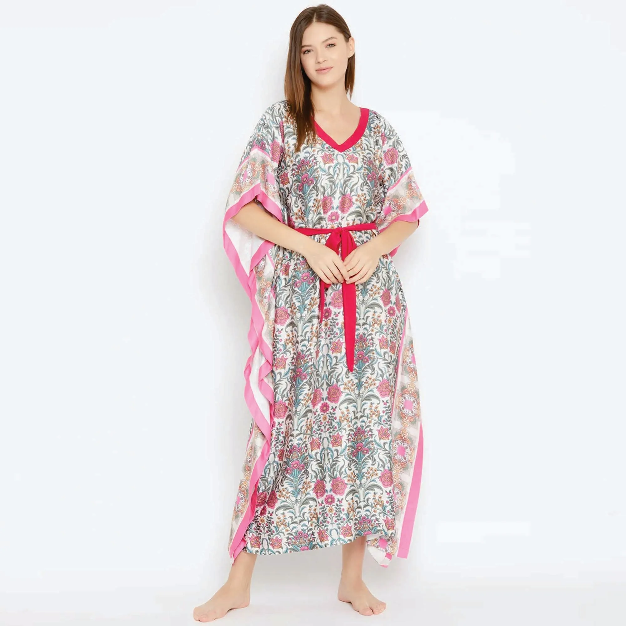 Customer Manufacture Slim Fit Polyester Crape Boat Neck Waist Tie Up Scarlet Tiger Animal Print Kaftan