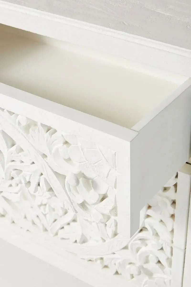 Hand Carved Lombok Six-Drawer Dresser in White Color | Handmade Wooden Dresser From Rajasthan, India