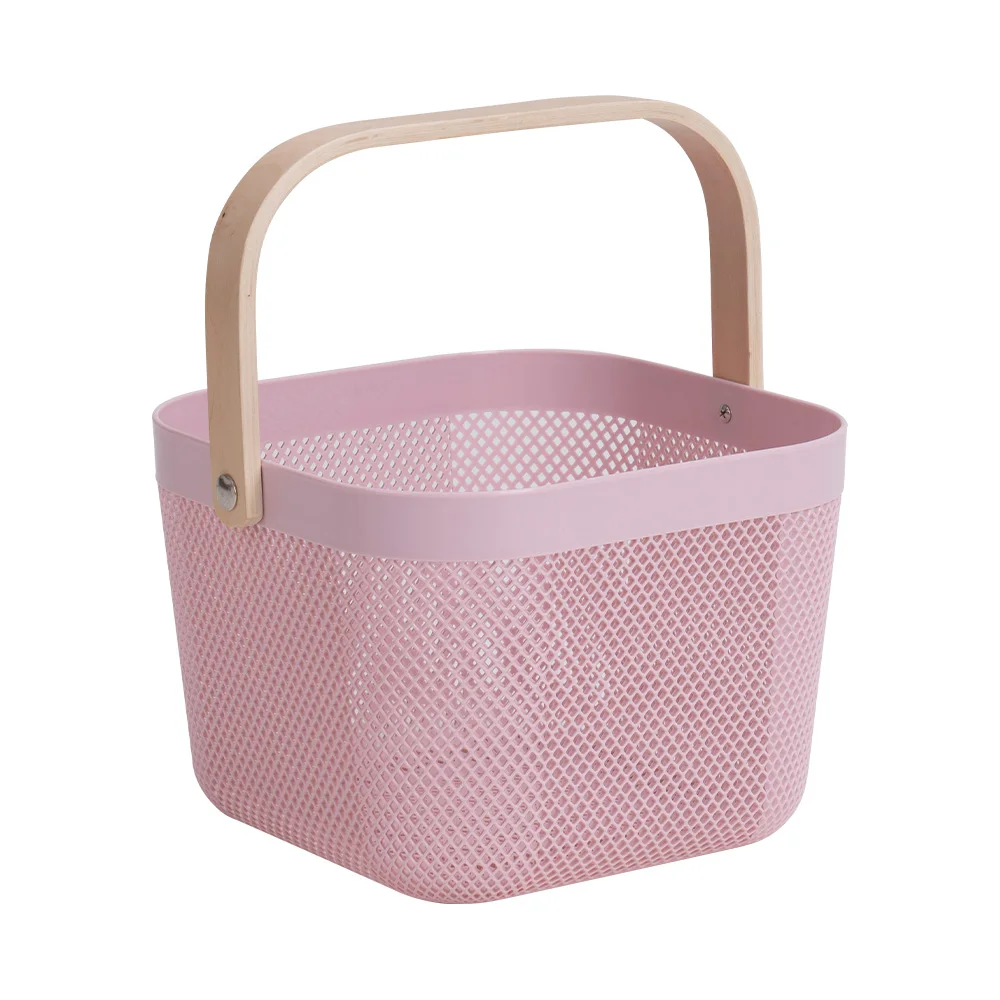 Small Basket Picnic Fruit Food Plastic basket Storage Basket with Wooden Handle-Pink