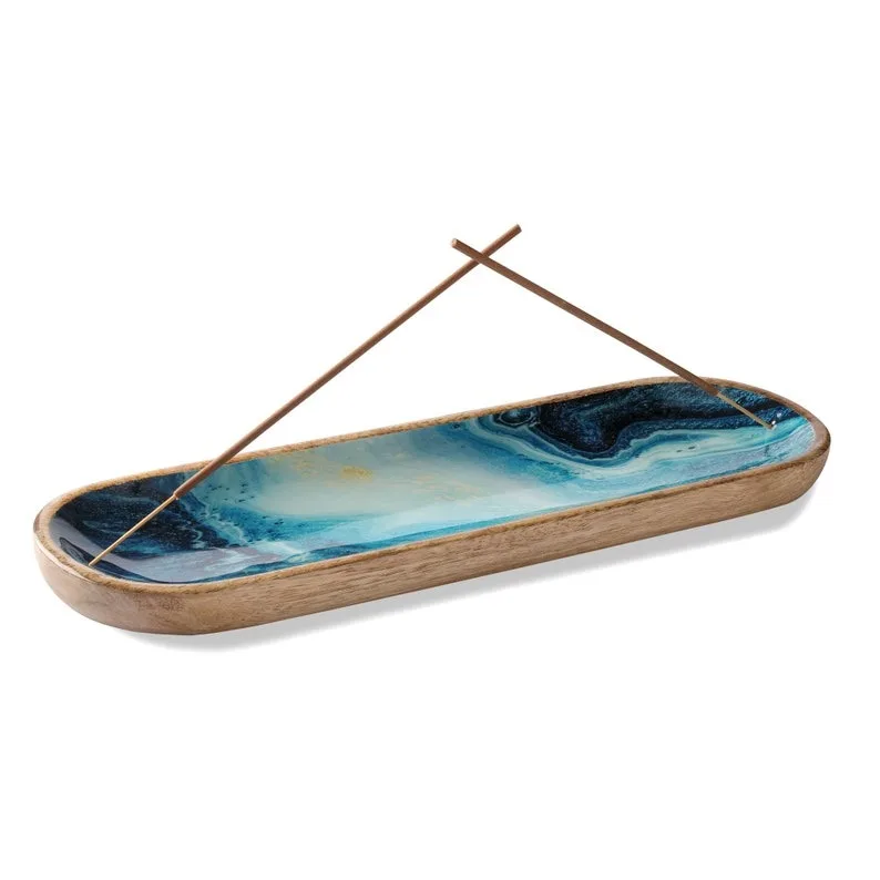Incense Holder or Incense Burner for Home Decor Handmade Incense Sticks Holder for Meditation Mango Wood 12 Inches Blue Agate