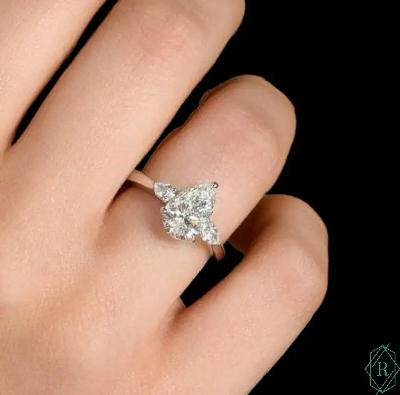 Pear Diamond Three Stone Engagement Ring, Three Stone Lab Grown Diamond Ring