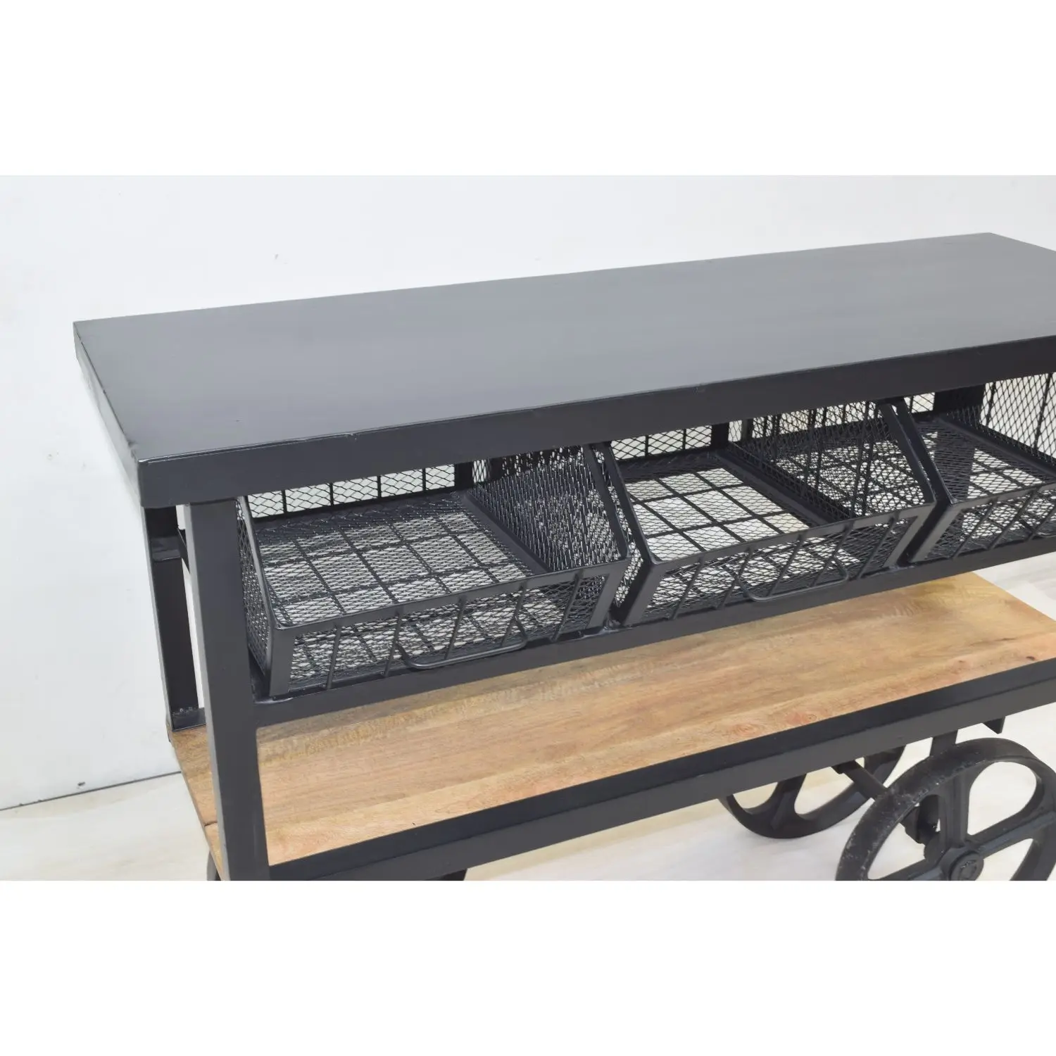 Iron Mesh 3 Bin Shelf 4 Cast Iron Wheels Industrial Retro Style Retail Store Display Storage Trolley